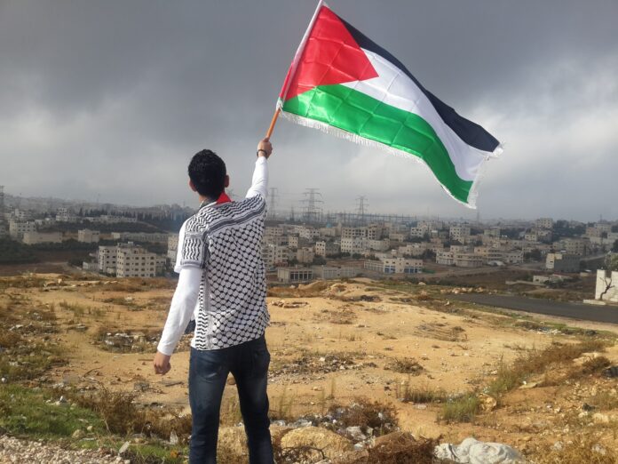 Man waves Palestinian flag in front of a city
