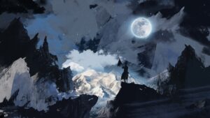 An artwork with a knight's silhouette looking over a series a mountains, clouds, and the moon. 