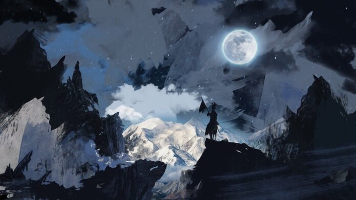 Picture contains an artwork with a knight's silhouette looking over a series a mountains, clouds, and the moon. This picture is to establish an example of an artwork.