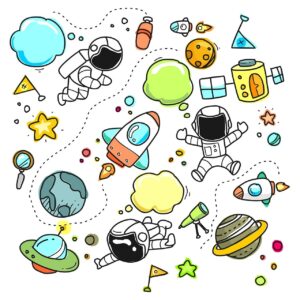 Space themed objects are scattered around a canvas.