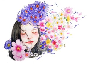 An artwork of a girl's head with scattered flowers around it. While the background is white, the flowers extend beside the girl's head acting like as if her hair (made of flowers) is being blown by the wind. 