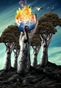 Hands holding trees. One hand is holding a burning Earth instead