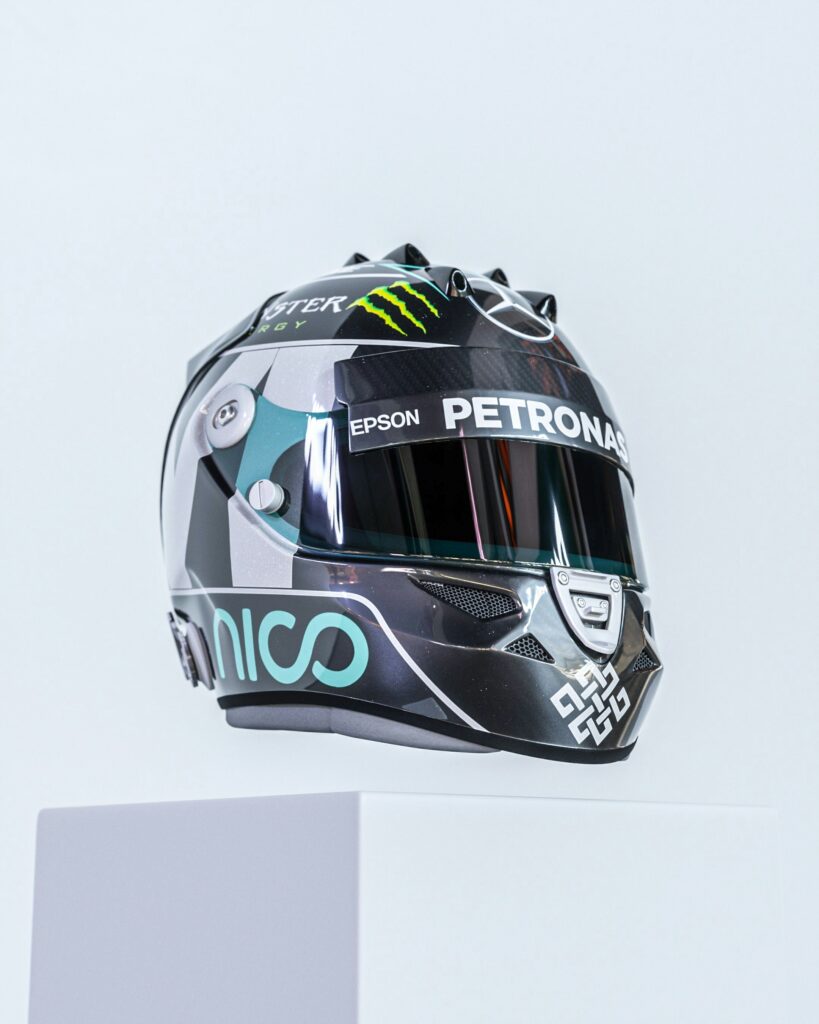 A Formula 1 racing helmet on display