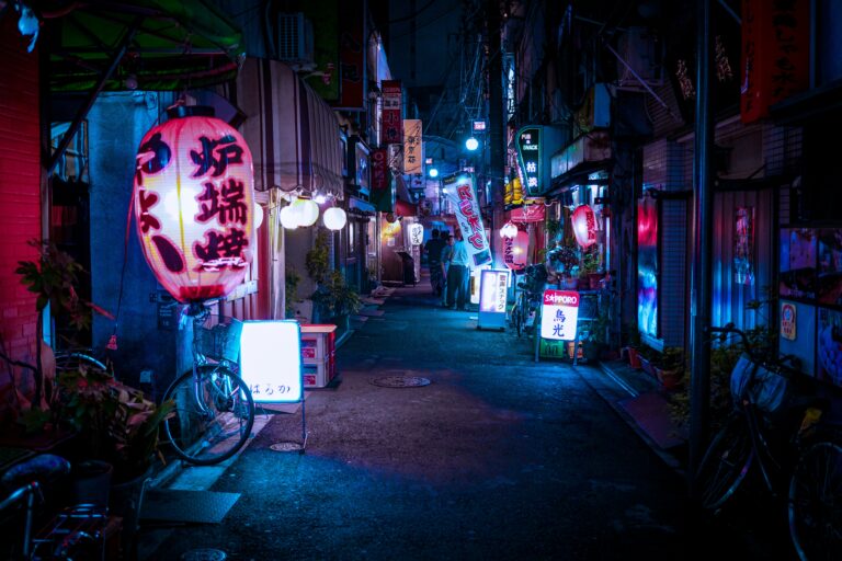 dark japanese alleyway with lanterns
