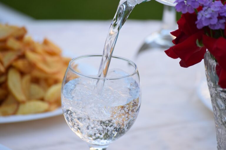 water in fancy glass, closeup on a table with white cloth. Glass is surrounded by chips, flowers, and a plate.