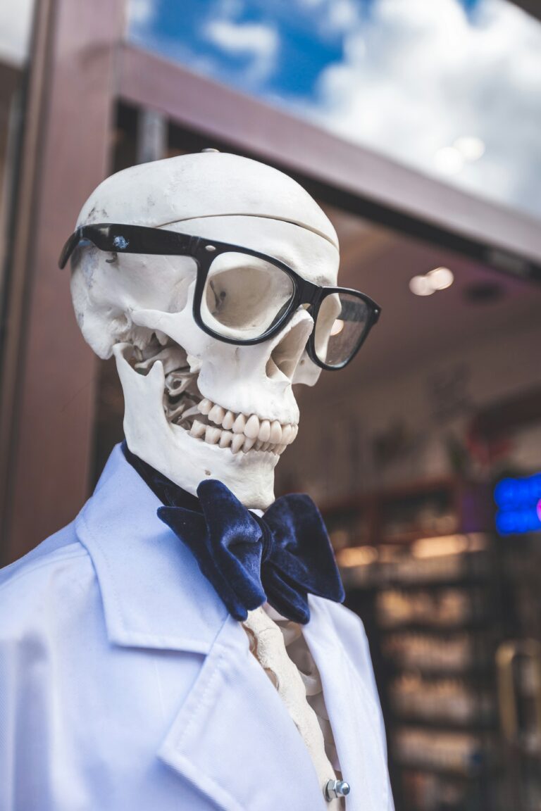 Skeleton with suit and tie and glasses
